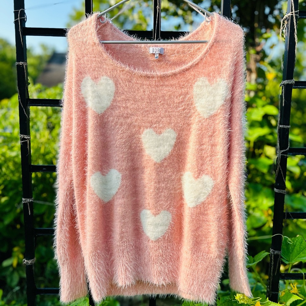 Tobi Women’s Extra Soft Sweater | Pink with White Hearts | Size XS | Barbiecore